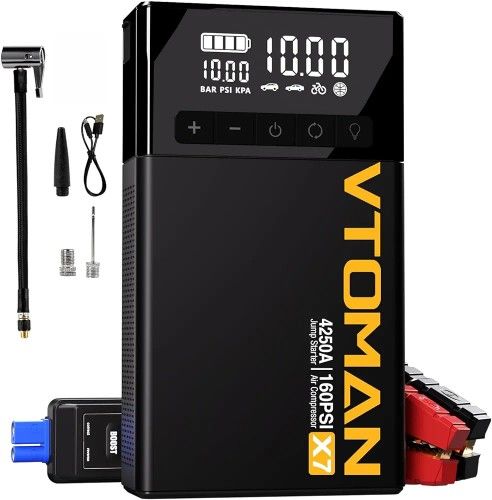 VTOMAN X7 Jump Starter with Air Compressor, 4250A Portable Car Jumper with 160PSI Digital Tire Inflator,12V Lithium Battery Charger Booster Box with T