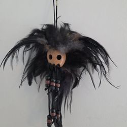 Black Feathers Ikaika Hawaiian Warrior Helmet 2.5" Coconut Brown Car Decor