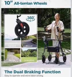 ELENKER All-Terrain Upright Rollator Walker, Stand Up Rolling Walker with 10’’Big PU Wheels and Adjustable Padded Armrests for Seniors from 4’8”to 6'4