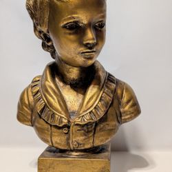 Vintage Gold-Tone Resin Bust Statue of Young Boy Detailed Sculpture 15.5 Inch

