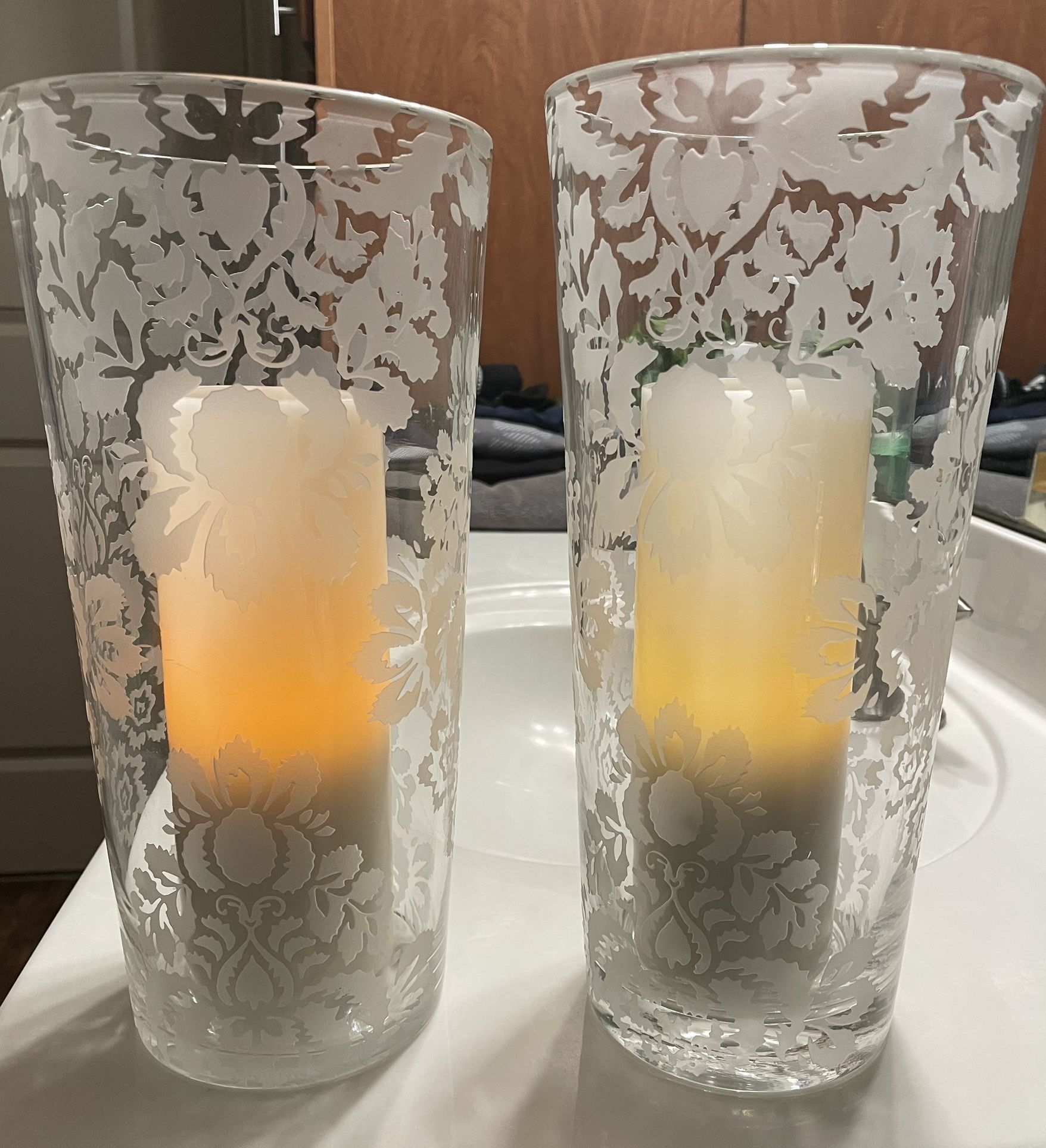 Elegant Etched Glass Hurricane Vases w/ LED Candles – Set of 2