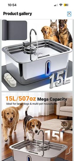 15L/4Gal Large Dog Water Fountain with Pet Feeding Mat & 3 Filters, Stainless Steel Pet Water Fountain for Dogs Cats, Dog Water Bowl Dispenser with Vi