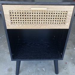 Black Nightstand With Rattan Drawer