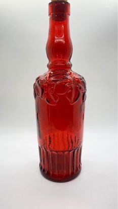 Vintage Pier 1 Cranberry Red Glass Decorative Embossed Bottle w/Cork Made in Spain 11.5”T x 3” i.d.