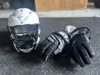 Cascade CS youth adjustable lacrosse helmet with STX medium lacrosse gloves