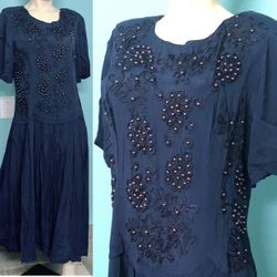 Vtg 90s Does 20s Sarin NY Navy Blue/copper Beaded Drop Waist Flapper Maxi Dress L