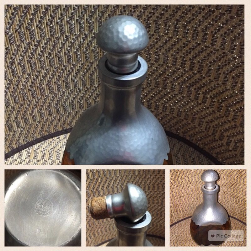 Royal Holland Pewter Overlay Daalderop KMD Amber Glass Pinched Decanter Bottle