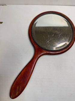 Vintage Wooden Handheld Vanity Mirror with Beveled Glass