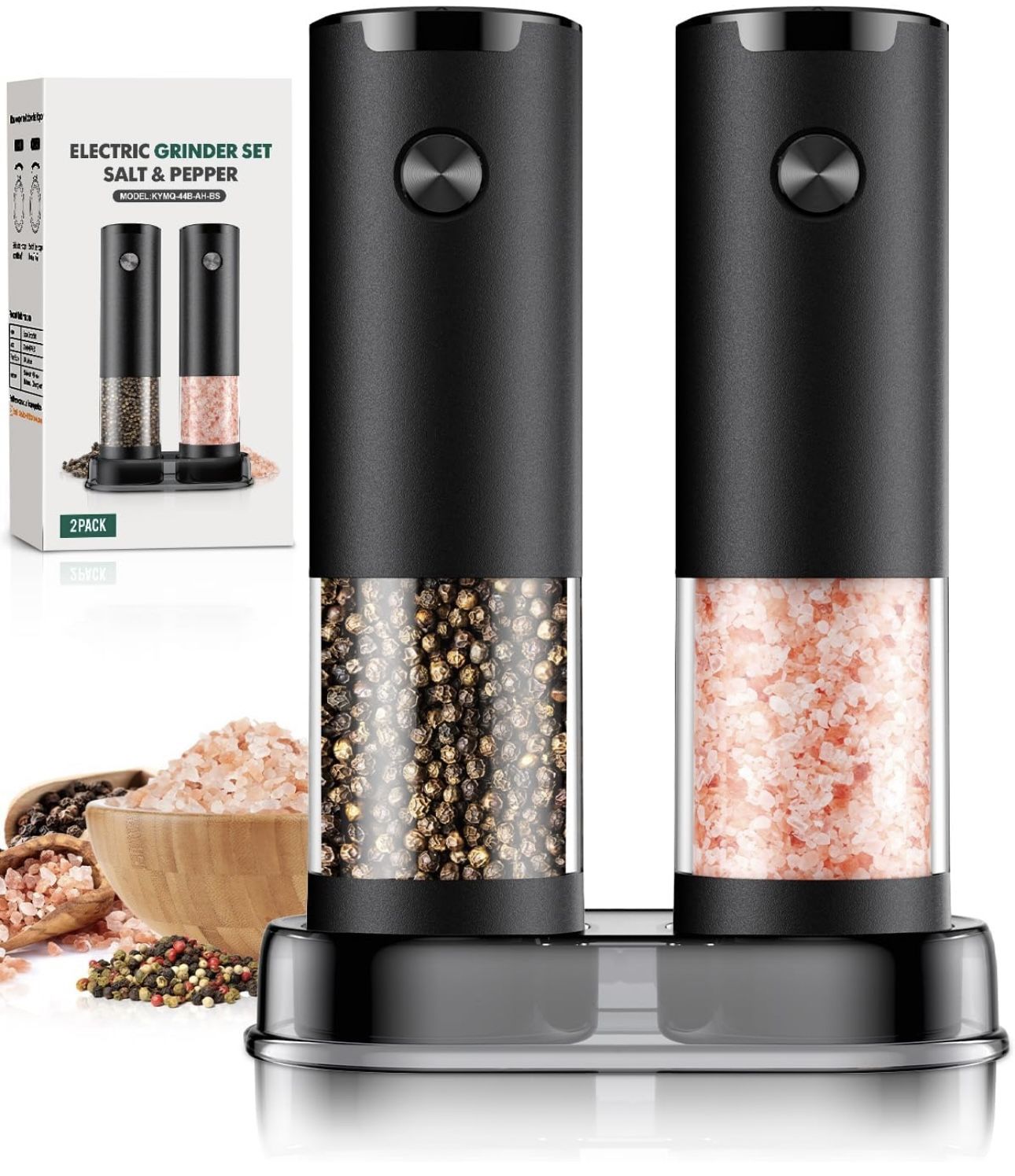 Electric Salt and Pepper Grinder Set Automatic Battery Pepper Mill Shakers Adjustable Coarseness Easy Filling Upgraded Larger Capacity with Led (2 Pac