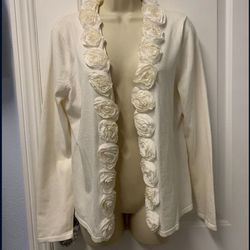 Adult Women Xl Ivory White Sweater Roses Cardigan Open Front