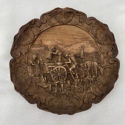 Hand Carved 3D Wooden Plate Wood Art Vintage Decor Collectible B002