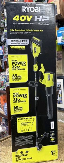 BRAND NEW RYOBI 40V HP BRUSHLESS LEAF BLOWER & STRING TRIMMER KIT - $225