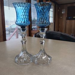 BEAUTIFUL  LOOKING  BLUE GLASS  CANDLE HOLDER PERFECT CONDITION 
