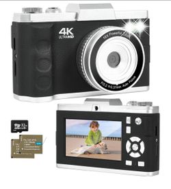 4K Digital Vlogging Camera 64MP with SD Card – Compact Point & Shoot Camera with 16X Zoom & 2 Batteries