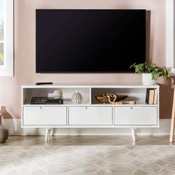 New Solid Wood White Mid Century Modern TV Stand Entertainment Center with Storage Drawers 