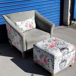 Small Couch with Ottoman Foot Rest and Pillow  34" wide 30" High Teal Green with Flower and Bird Pattern 