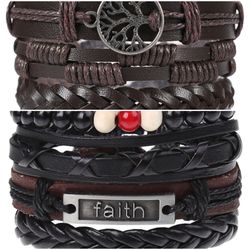2 x Set Adjust. Size up to 9.5inc Leather Bracelet, Tree of Life (Brown-Faith)