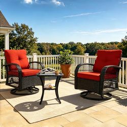 3 Piece Patio Furniture Set, 2 Outdoor Swivel Rocking Chairs with Side Table, Wicker Glider Chairs, All-Weather Rattan Bistro Set for Porch, Deck, Poo