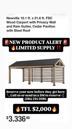 Newville 10.1 ft. x 21.6 ft. FSC Wood Carport / Cedar Pavilion with Privacy Wall, Rain Gutter & Steel Roof