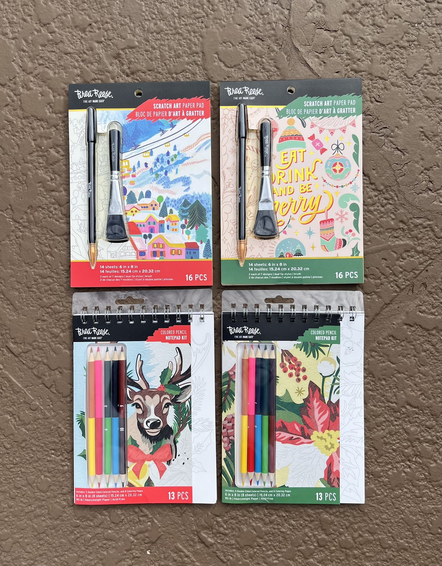 4 Brand new Brea Reese Christmas Colored Pencil Notepad & Scratch Art Craft Kits