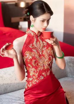 Red Embroidered Tea Ceremony Dress  / Cheongsam