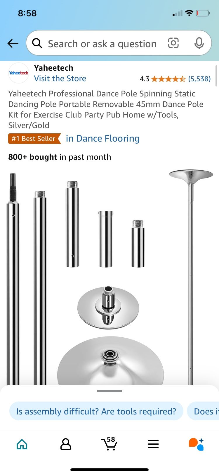 Yaheetech Professional Dance Pole Spinning Static Dancing Pole Portable Removable 45mm Dance Pole Kit for Exercise Club Party Pub Home w/Tools, Silver
