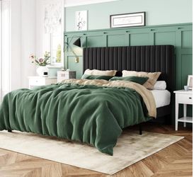 Queen Bed Frame, Velvet Upholstered Platform Bed with Vertical Channel Tufted Headboard, Mattress Foundation with Strong Wooden Slats, Box Spring Opti