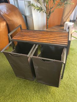 Double Laundry Hamper with Wooden Top Shelf