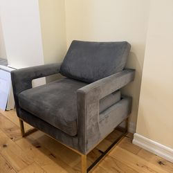 Modern Grey Velvet Accent Chair with Gold Base – Great Condition