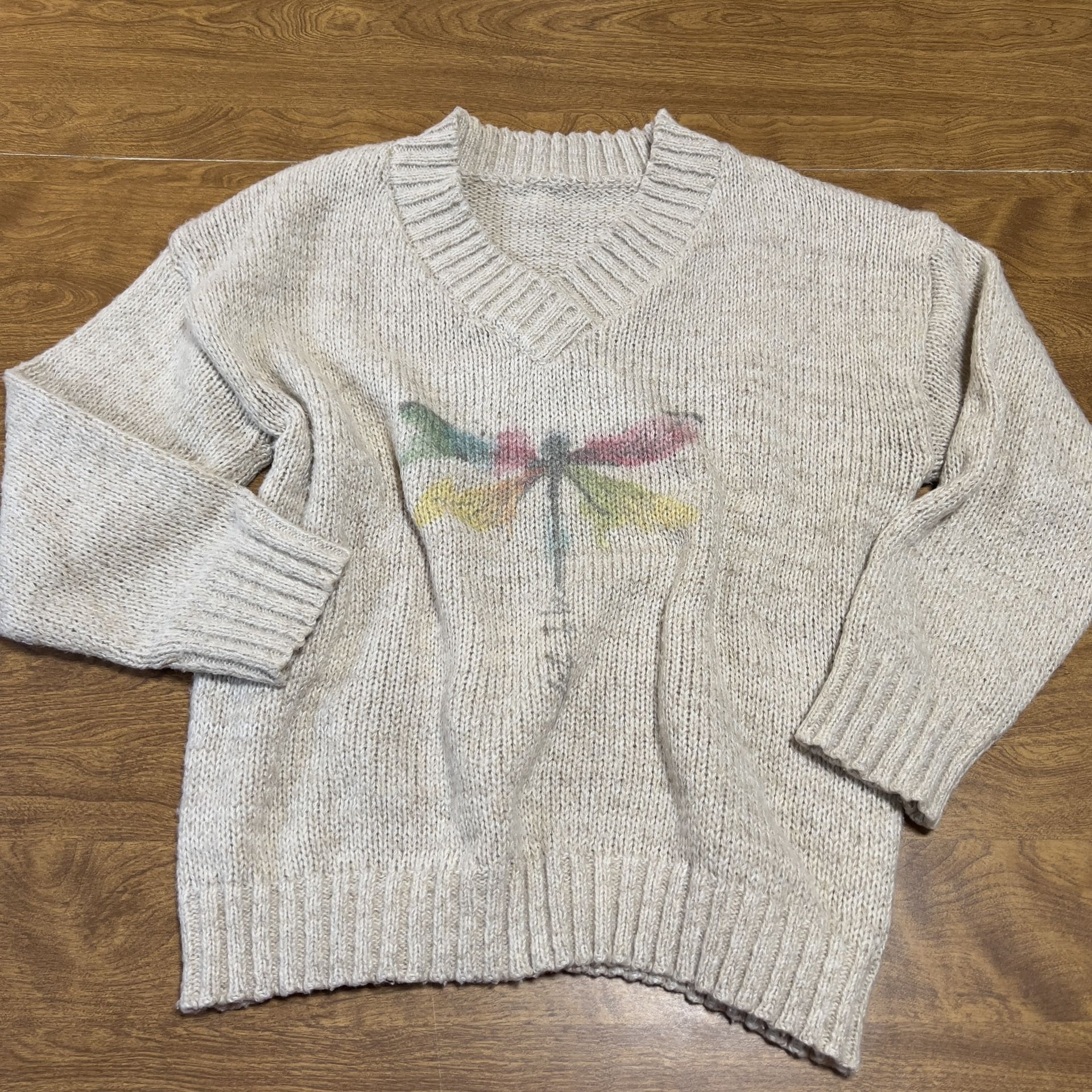 Women’s Fashion Oatmeal V-neck Pullover Knit dragonfly Print Sweater Top Size L