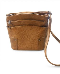 Trendy Crossbody Bag Vegan Taupe with Embossed Flower Design