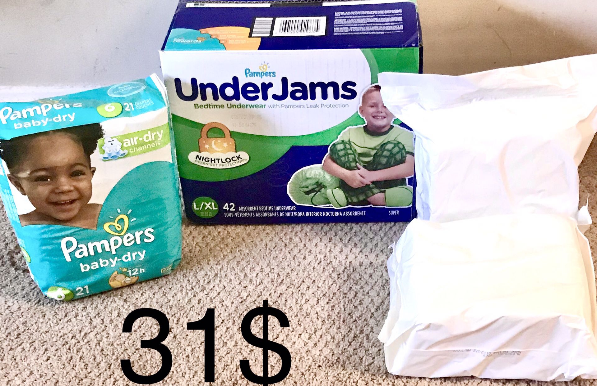 Economy size box of Pampers nightguard pull up Underjams,size 6 pampers & over 400 Huggies natural wipes