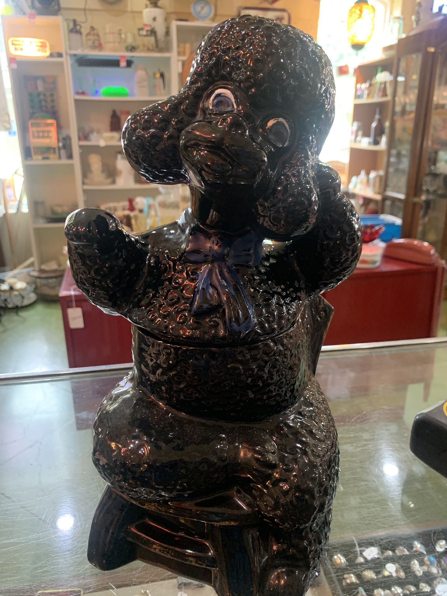 7x14 vintage black poodle canister cookie jar. 35.00.  Johanna at Antiques and More. Located at 316b Main Street Buda. Antiques vintage retro furnitur