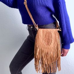 Genuine Napa Leather Hand Stitched Boho Gypsy Southwest Fringe Crossbody Bag Purse