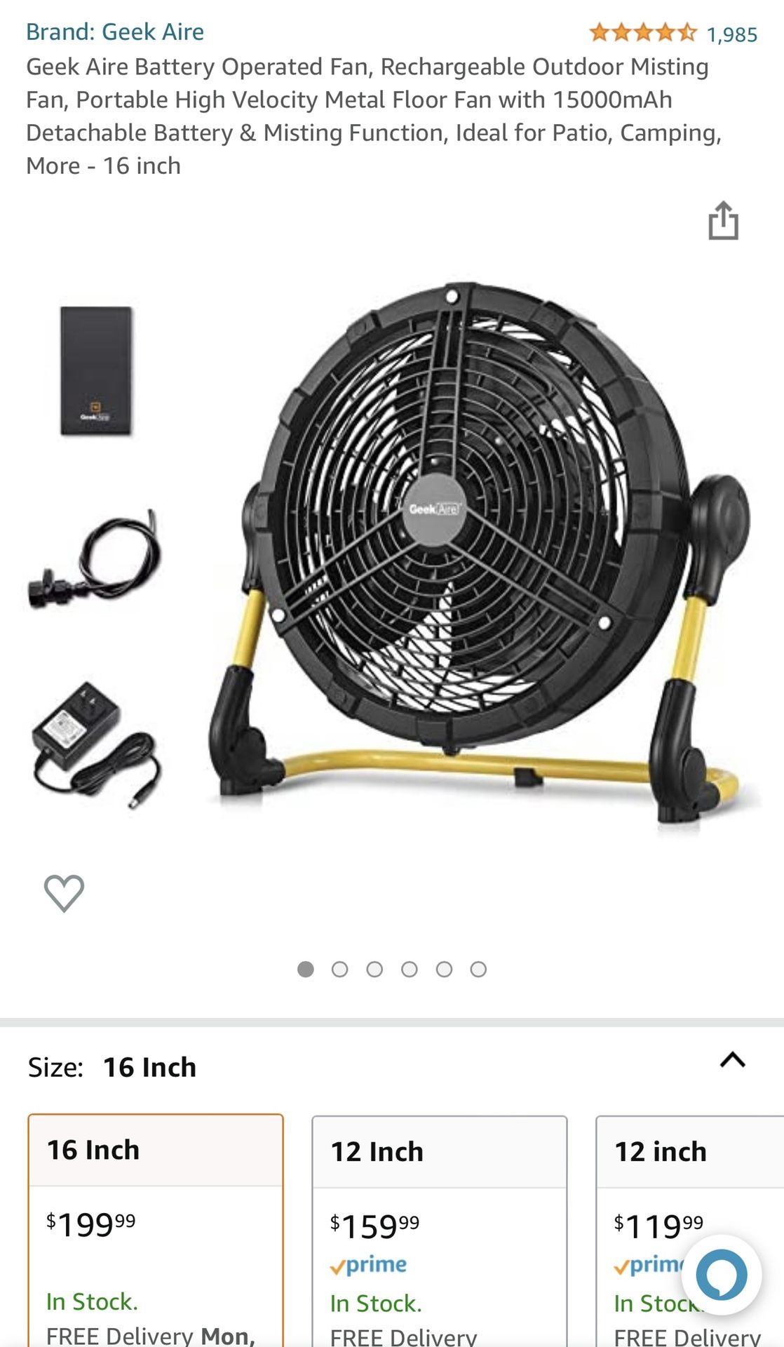 Geek Aire Battery Operated Fan, Rechargeable Outdoor Misting Fan, Portable High Velocity Metal Floor Fan with 15000mAh Detachable Battery & Misting Fu