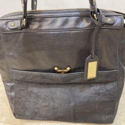 Genuine Badgley Mischka Gray Leather Tote Bag, Fur bottom half