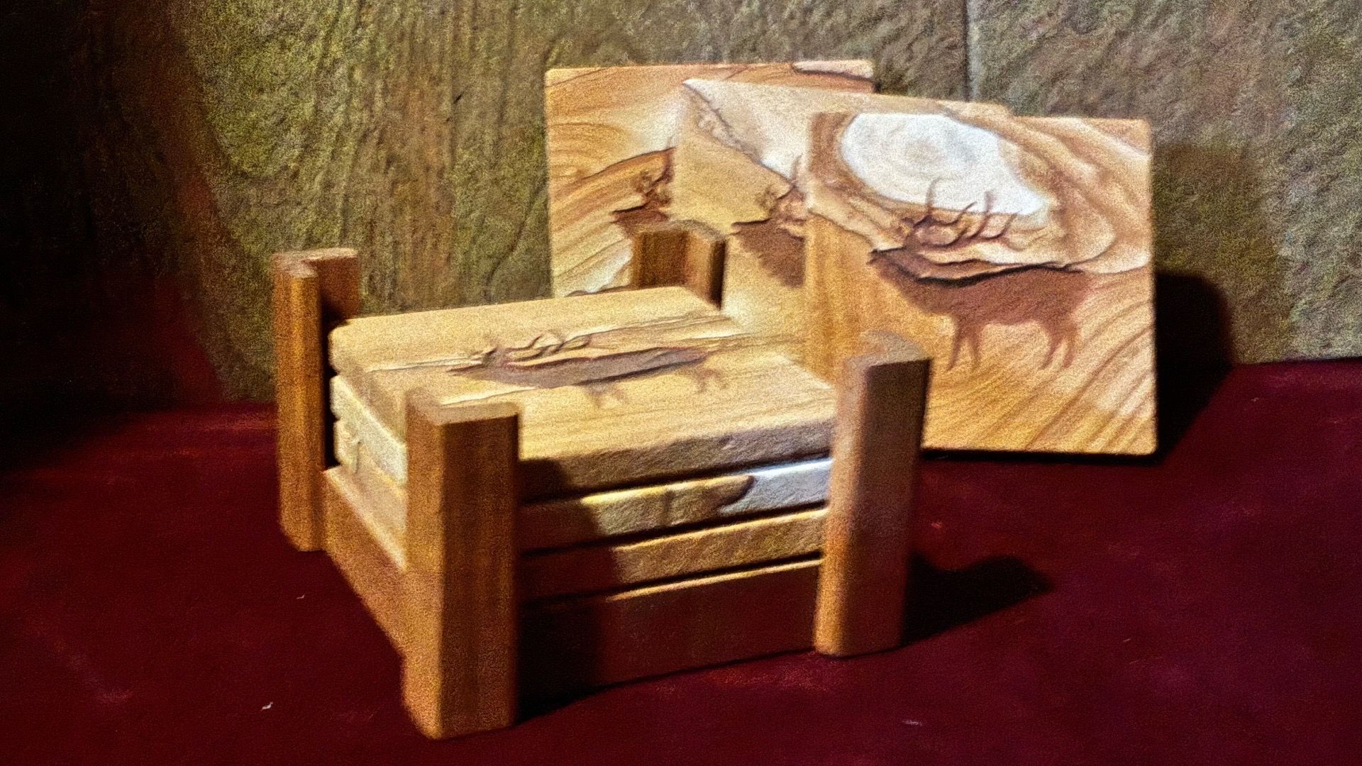 set of six sandstone coasters with a wooden holder