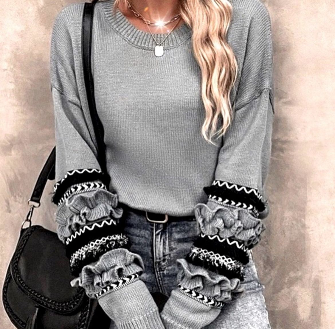 NWT, Lavishly Paris Women’s Gray Fall Frill Trim Long Sleeved Sweater