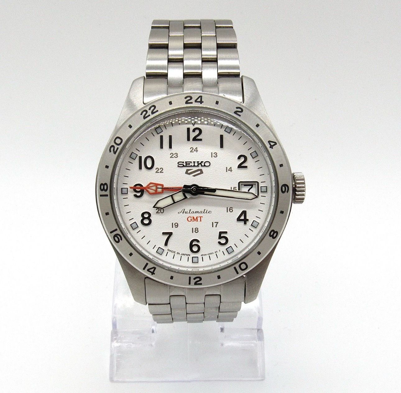 Seiko 5 Sports Automatic GMT 4R34-00C0 Silver SS White Dial 100M Box Papers