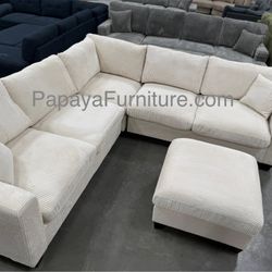 New! Plush Sectional Sofa And Ottoman, Corduroy Sectional, Sofa, Couch, Ivory Sectional, Beige Sofa, Grey Couch, Soft Plush Sectional, L-Shaped Couch 