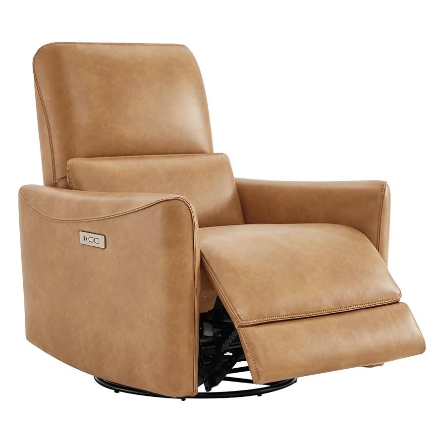 1290 Power Recliner Chair Swivel Glider, FSC Certified Upholstered Faux Leather Living Room Nursery Reclining Sofa Chair with Lumbar Support, Cognac B