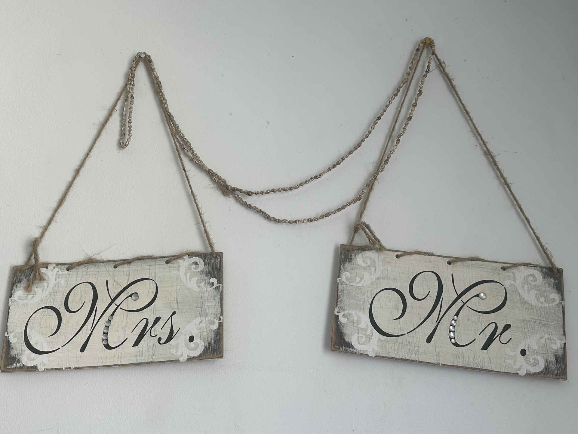 Mrs. & Mr. Rustic Gray White Brown Twine Wooden Sign Wedding Reception Chair Decorations Bride And Groom