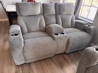 Two- and three-piece reclining furniture set with built-in storage for TV remotes, cup holders, and LED lights. Everything is in perfect condition.
