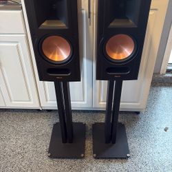 Pair Of Klipsch RB 81 ii Bookshelf Speakers In Walnut With 28” Klipsch Speaker Stands 