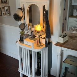 Vintage hall tree hat/coat rack - Antique shabby primitive white farmhouse carved wood umbrella entry way stand