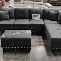 Beautiful 3-Pc Linen Fabric Sectional Sofa With Storage Ottoman 