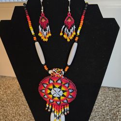 Red Seed Beads Long Medallion Star Fire Color Beaded Necklace And Earrings Set