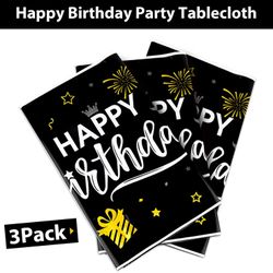 Happy Birthday Decorations, 3pcs Black and Gold Birthday Tablecloth for Men Women, Plastic Disposable Rectangle Table Cover for 90th 80th 70th 60th 50