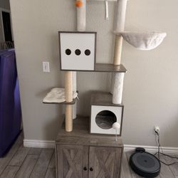 Modern Cat Tree w/ Hidden Litter Box Cabinet