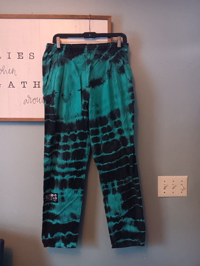 Rare vintage 80s vision street wear teal / green and black Tie Dye Pants Mens Size Medium MADE IN USA.